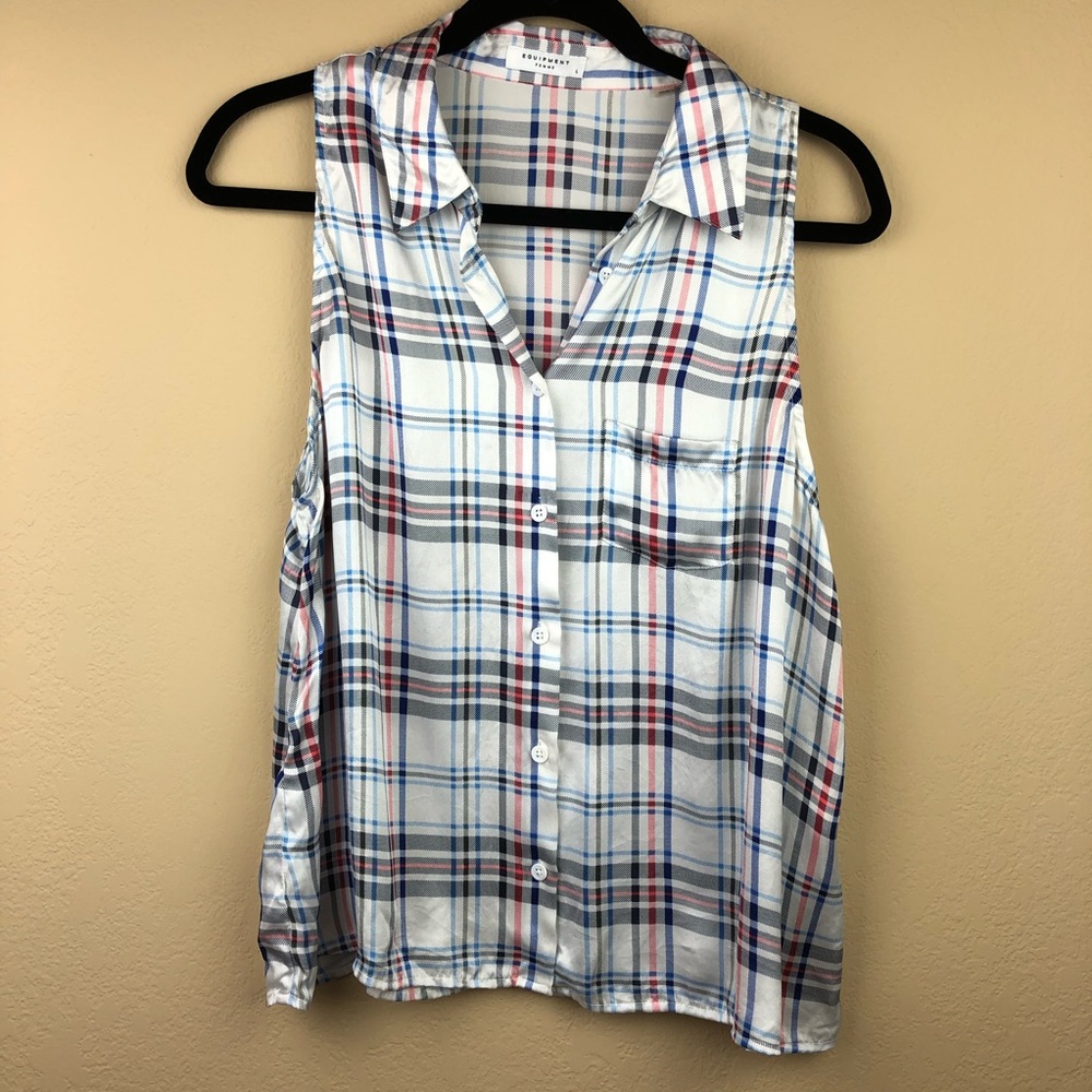 Equipment 100% Silk Sleeveless Plaid Button Up Top